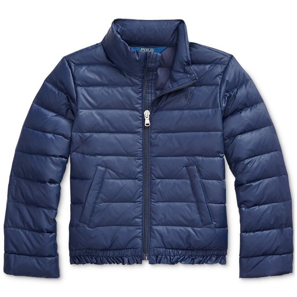 Ralph Lauren Ruffled Quilted Down Navy Zip Up Puffer Jacket Coat NWT $125